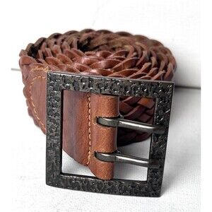 Brown Leather Woven Belt‎ Sixe XL Metal Buckle Boho Preppy Beach